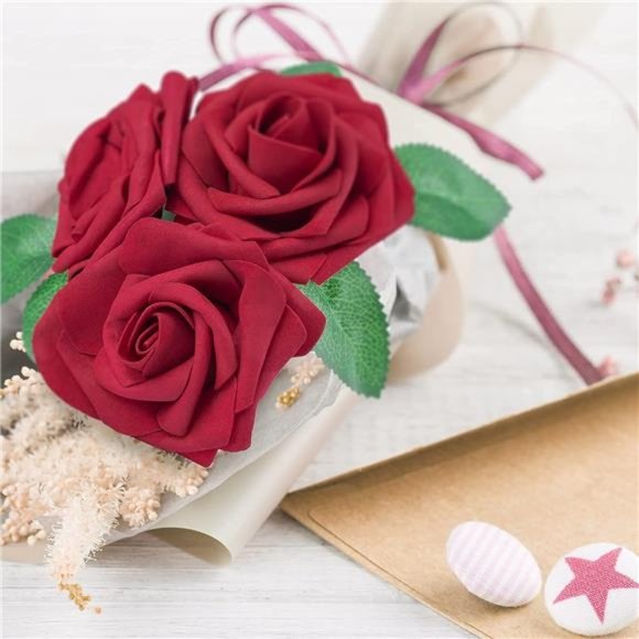50Pcs Red Roses Artificial Flowers, Dark Red Fake Real Looking Foam Rose Wedding - Picture 5 of 12